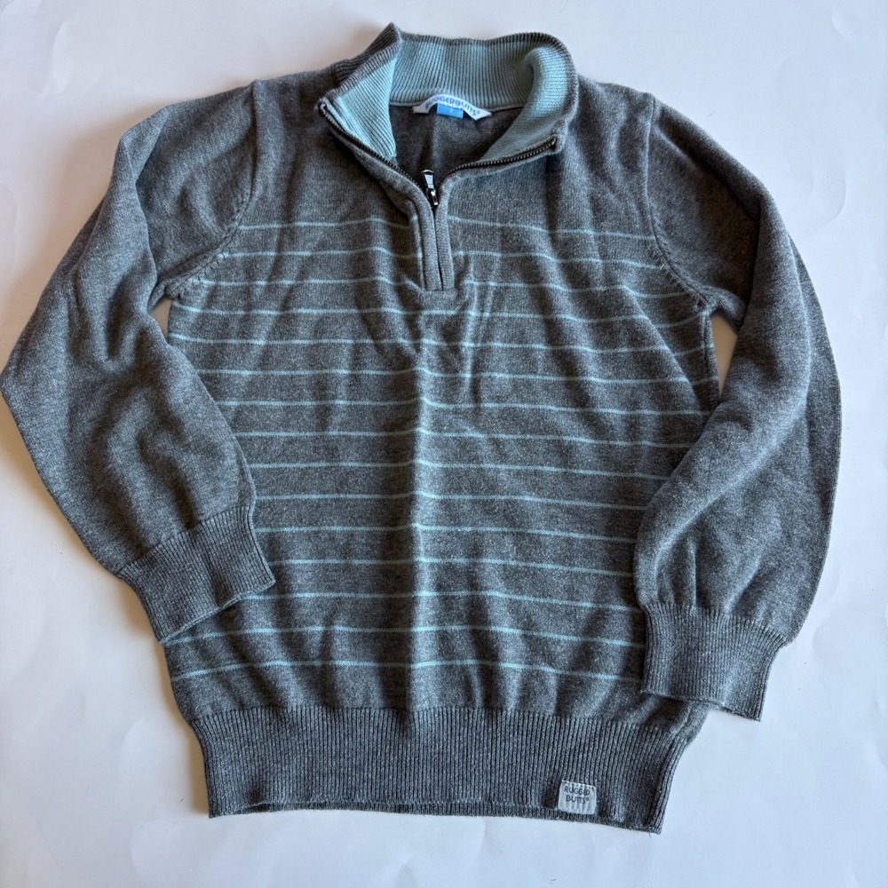 RuggedButts Boys Grey Blue Striped Quarter Zip Sweater Size 7 Knit Pullover
